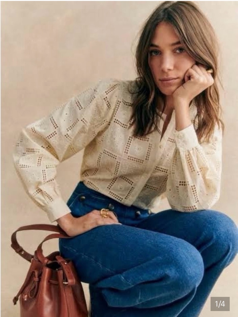 Sezane Cream Eyelet Button-Front Blouse